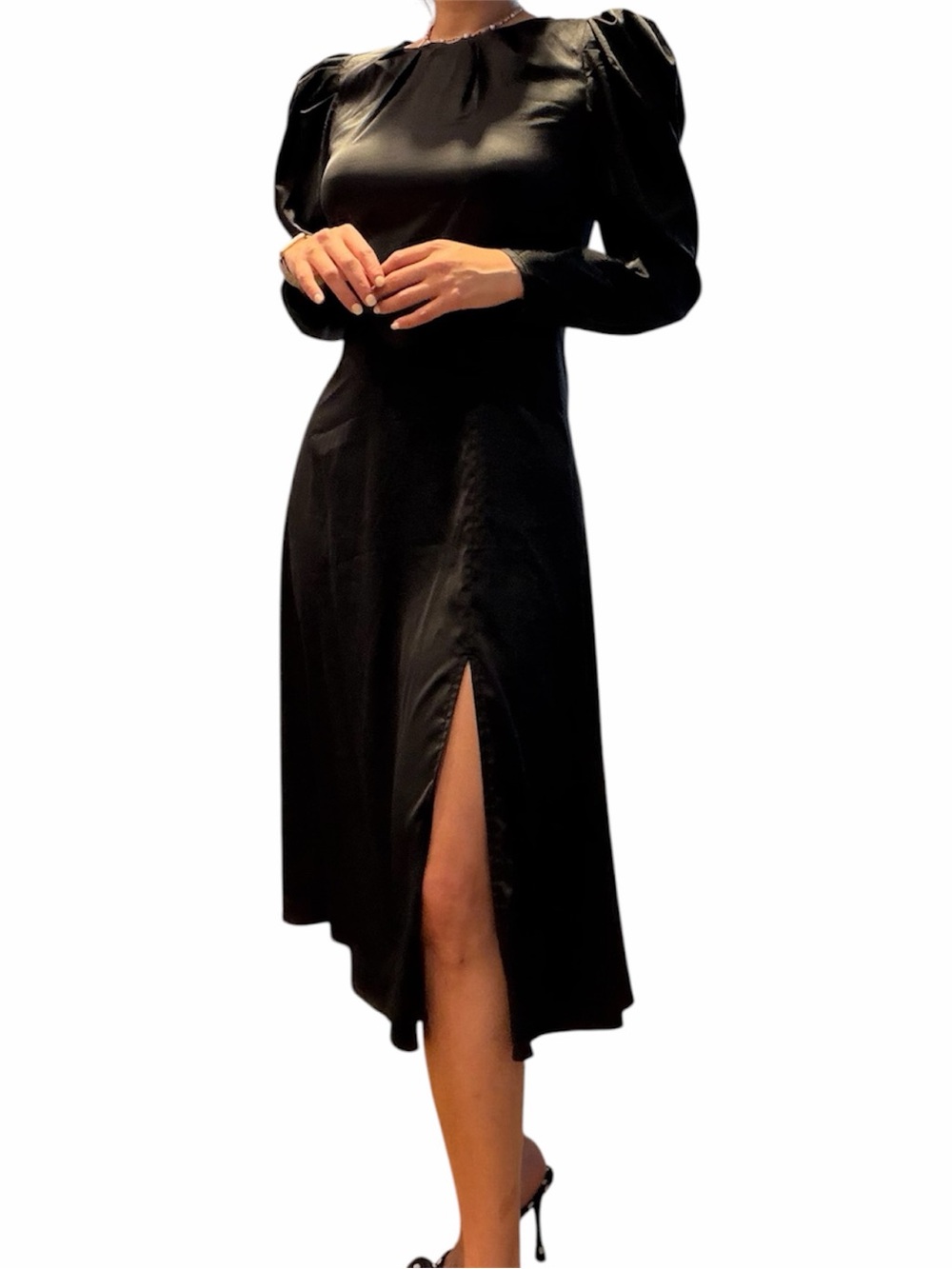 Mila May Black Satin-Look Midi Women’s Dress Puff Sleeves Slit Cocktail Size M